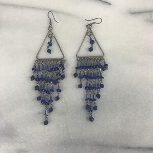 Boho Silver Tone Triangle Blue Bead Chandelier Dangle Earrings